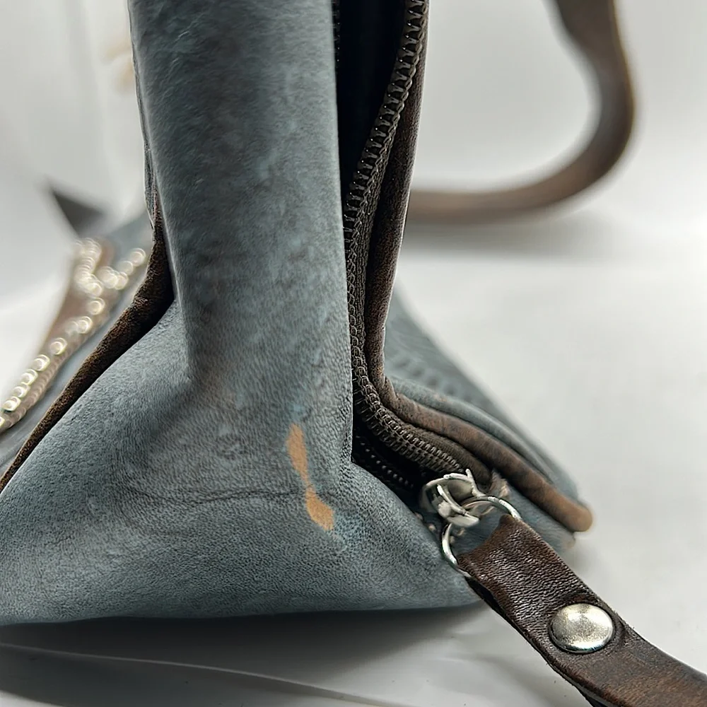 American West Gorgeous Light Blue/Brown Floral Leather Shoulder Bag Purse 🌸🌸 - Picture 10 of 14